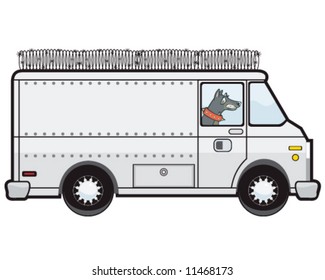 vector of armored transport van with guard dog inside and razor wire on top