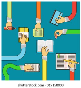 vector arms and hands book knowledge on blue background