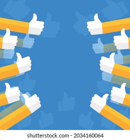 Vector of arms with hands making thumbs up sign, with central copy space on blue background. greetings card design template concept digitally generated image.