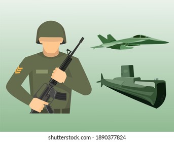 Vector of an army equipped with the weapon, a fighter, and a submarine