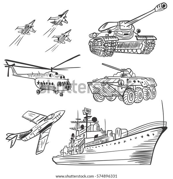 Vector Army Vehicles Sketch Set |\
Black and White army hand painted detailed\
technique