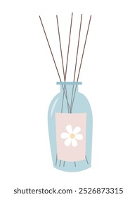 Vector aroma diffuser with bamboo sticks on white background. Aroma sticks in glass bottle flat vector illustration