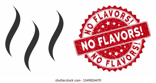 Vector aroma steam icon and grunge round stamp seal with No Flavors! caption. Flat aroma steam icon is isolated on a white background. No Flavors! stamp seal uses red color and grunge design.