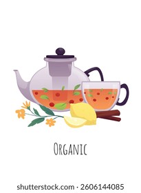 Vector aromatherapy poster with teapot, cup, tea and ingredients, lemon, cinnamon and calendula flower. Beauty and health theme. For spa and relaxation. Flat style. Text. Isolated illustration.