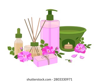Vector aromatherapy products. Damask Pink rose flowers, reed diffuser, dropper bottle, essential oils, liquid soap dispenser, and aroma lamp. Ideal for spas, wellness and beauty treatments. Flat style