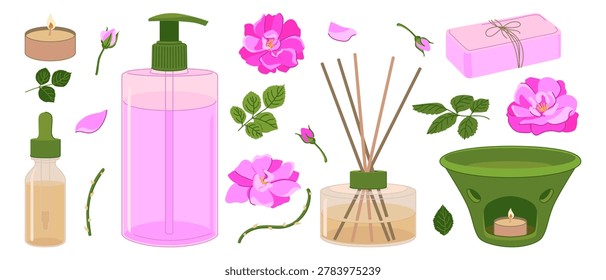 Vector aromatherapy products set. Damask rose flowers, reed diffuser, dropper bottle, essential oils, liquid soap dispenser, and aroma lamp. Ideal for spas, wellness and beauty treatments. Flat style.