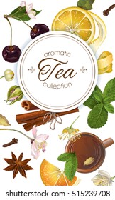 Vector aromatic tea banner with cherry, lemon and cinnamon. Design for tea shop, drinks menu, baking, candy and sweets, health care products, aromatherapy. Best for tea packaging design