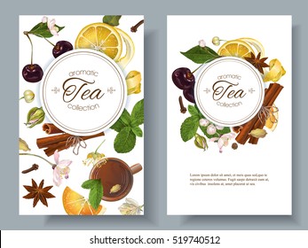 Vector aromatic tea banners with cherry, lemon and cinnamon. Design for tea shop, drinks menu, baking, candy and sweets, health care products, aromatherapy. Best for tea packaging design