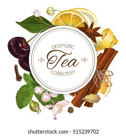 Vector aromatic tea round banner with cherry, lemon and cinnamon. Design for tea shop, drinks menu, baking, candy and sweets, health care products, aromatherapy. Best for tea packaging design