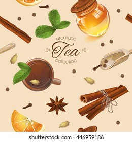 Vector aromatic tea seamless pattern with honey, mint and cinnamon. Design for tea, natural cosmetics, baking,candy and sweets,grocery,health care products. Best for textile, wrapping paper.