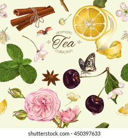 Vector aromatic tea seamless pattern with cherry, lemon and rose. Design for tea, natural cosmetics, baking,candy and sweets,grocery,health care products. Best for textile, wrapping paper.