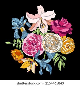 Vector arrange with summer flowers - tulips, iris, rose, lily, ranunculus, peony. Floral composition for greeting card and invitation, event or wedding design. Flowers botanical colorful outlines