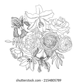 Vector arrange with summer flowers  - tulips, iris, rose, lily, ranunculus, peony. Floral composition for greeting card and invitation, event or wedding design. Flowers botanical black outlines