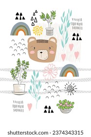 Vector arrangement with bear. Woodland decoration on a white background. Nursery poster.