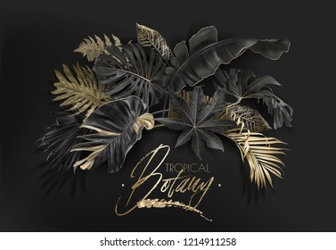 Vector arrangement with black and gold tropical leaves on dark background. Luxury exotic botanical design for cosmetics, spa, perfume, aroma, beauty salon. Best as wedding invitation card