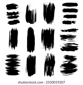 Arreglo de Vector de trazos de pincel negros audaces aislados sobre fondo blanco, colección de contraste visual llamativa. Conjunto de ilustraciones de variedad de trazos de pincel negro en negrita sobre fondo blanco