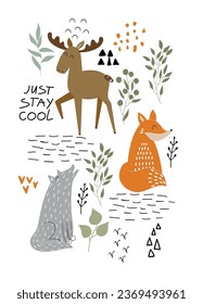 Vector arrangement with forest animals. Woodland decoration on a white background.