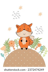 Vector arrangement with fox. Woodland decoration on a white background. Nursery poster.
