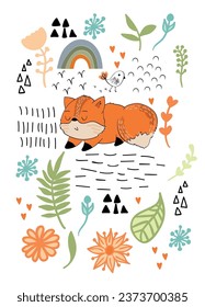 Vector arrangement with fox. Woodland decoration on a white background. Nursery poster.