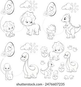 Vector arrangement, frame- baby dinosaurs. Clipart for baby shower, nursery, decor, stickers, prints with historical animals. Black silhouette for circuit