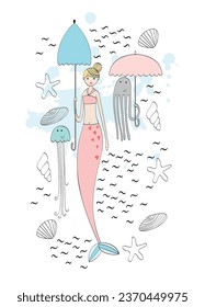 Vector arrangement with mermaid. Poster on a white background.