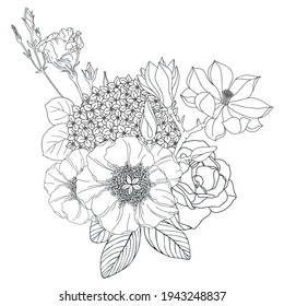 Vector arrangement with spring flowers. Floral outlines of magnolia, hydrangea, rose, peony, poppy, lisianthus. Botanical composition for greeting card and invitation. Event or wedding design. 