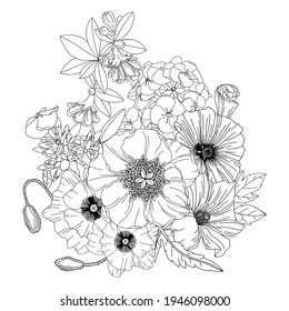 Vector arrangement with spring flowers. Floral outlines of hibiscus, phlox, pomegranate,  peony, poppy. Botanical composition for greeting card and invitation. Event or wedding design. 