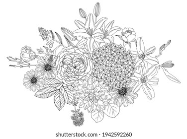 Vector arrangement with summer flowers. Floral outlines of rose, hydrangea, dahlia, zinnia. Botanical composition for greeting card and invitation. Can be used for event or wedding design. 