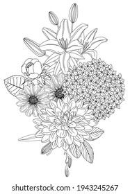 Vector arrangement with summer flowers. Floral outlines of rose, hydrangea, dahlia, zinnia. Botanical composition for greeting card and invitation. Can be used for event or wedding design. 