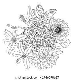 Vector arrangement with summer flowers and leaves- dahlia, hydrangea, lily, zinnia. Floral composition for greeting card and invitation. Can be used for event or wedding design. Botanical illustration