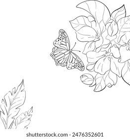 Arreglo de Vector, ramo de Plantilla con mariposa, cerezo japonés en flor, arte sakura. ramo de manzano. Silueta negra para circuito