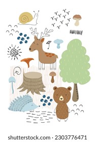 Vector arrangements with forest animals. Woodland decoration on a white background.