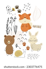 Vector arrangements with forest animals. Woodland decoration on a white background.