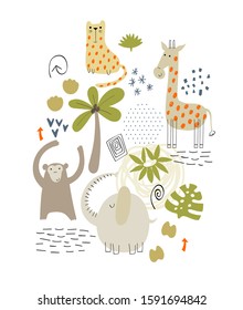 Vector arrangements with safari animals. Exotic decoration on a white background.