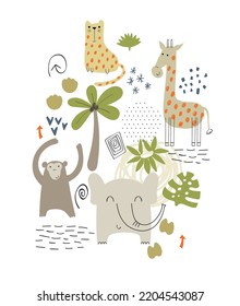 Vector arrangements with safari animals. Exotic decoration on a white background.