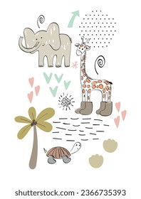 Vector arrangements with safari animals. Exotic decoration on a white background.