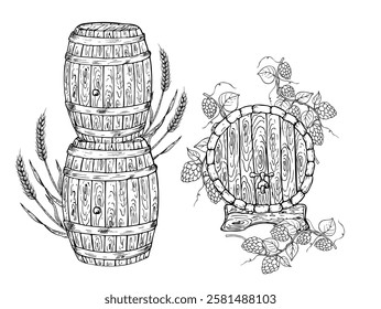 Arranjos vetoriais com barril de madeira para vinho, cerveja, uísque com uma torneira. Gráfico vintage ilustração de salto comum, trigo isolado no fundo. Esboço de linha de barril de madeira desenhado à mão. Para designers