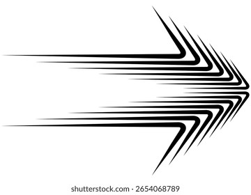 Vector arrow. Abstract striped design element for design in social networks, advertising, packaging, video. Sharp Modern sporty dynamic pattern of black lines on a white background.