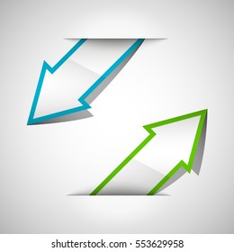Vector Arrow banners set. Direct shape. 3d Abstract Background. Business infographic presentation diagram. Section compare service. Up and down trend. Paper index. Exact pointer