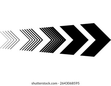 Flecha de Vector, negro sobre fondo blanco. Elemento de diseño a rayas. Indicador de dirección, Navegación, Patrón dinámico de deportes. Vector de fondo