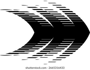 Seta vetorial. Padrão preto de formas nítidas em um fundo branco. Sporty Striped Design elemento para o corpo do carro, barco, motocicleta, roupas esportivas, brinquedo. Fundo do vetor. Ponteiro, direção, navegação