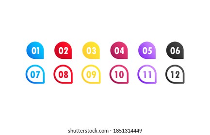 Vector arrow bullet point colorful gradient 3d markers with number 1 To 12. Vector on isolated white background. EPS 10