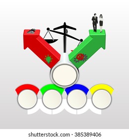 Vector a arrow with business people and a bundle of money bills badges scales, gear and lamp idea. There are fields for text, all elements separate, and can be combined with any background and image.