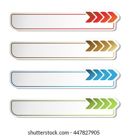 Vector arrow buttons. Golden, green, blue and red arrows on the white simple stickers, rectangle with rounded corners.