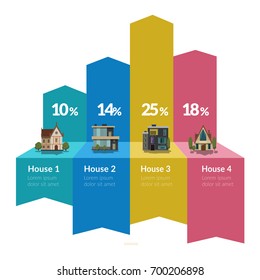 Infografía de concepto de flecha vectorial con casas. Concepto inmobiliario.