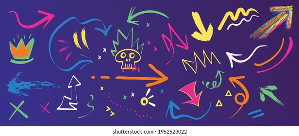 Vector de diseño de doodle con flecha vectorial. Dibujaron a mano elementos vectores de tatuajes de la vieja escuela.
Diseño divertido de ícono hipster moderno con pincel y textura. Elementos de dibujos animados. 