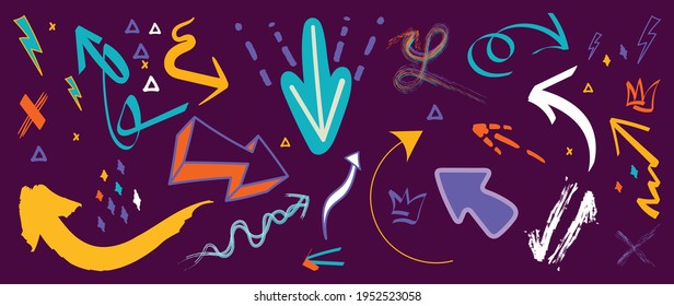 Vector de diseño de doodle con flecha vectorial. Dibujaron a mano elementos vectores de tatuajes de la vieja escuela.
Diseño divertido de ícono hipster moderno con pincel y textura. Elementos de dibujos animados. 