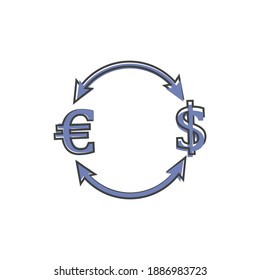 Vector arrow and euro dollar sign icon on cartoon style on white isolated background.