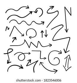 Vector arrow handdrawn curve icon. Doodle arrow sketch line icon set