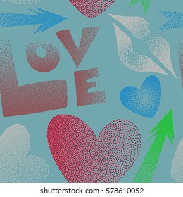 Vector arrow, hearts, kissing lips, love text seamless pattern background in green, red and blue colors. Stylized multicolor love elements for print wrapping paper.